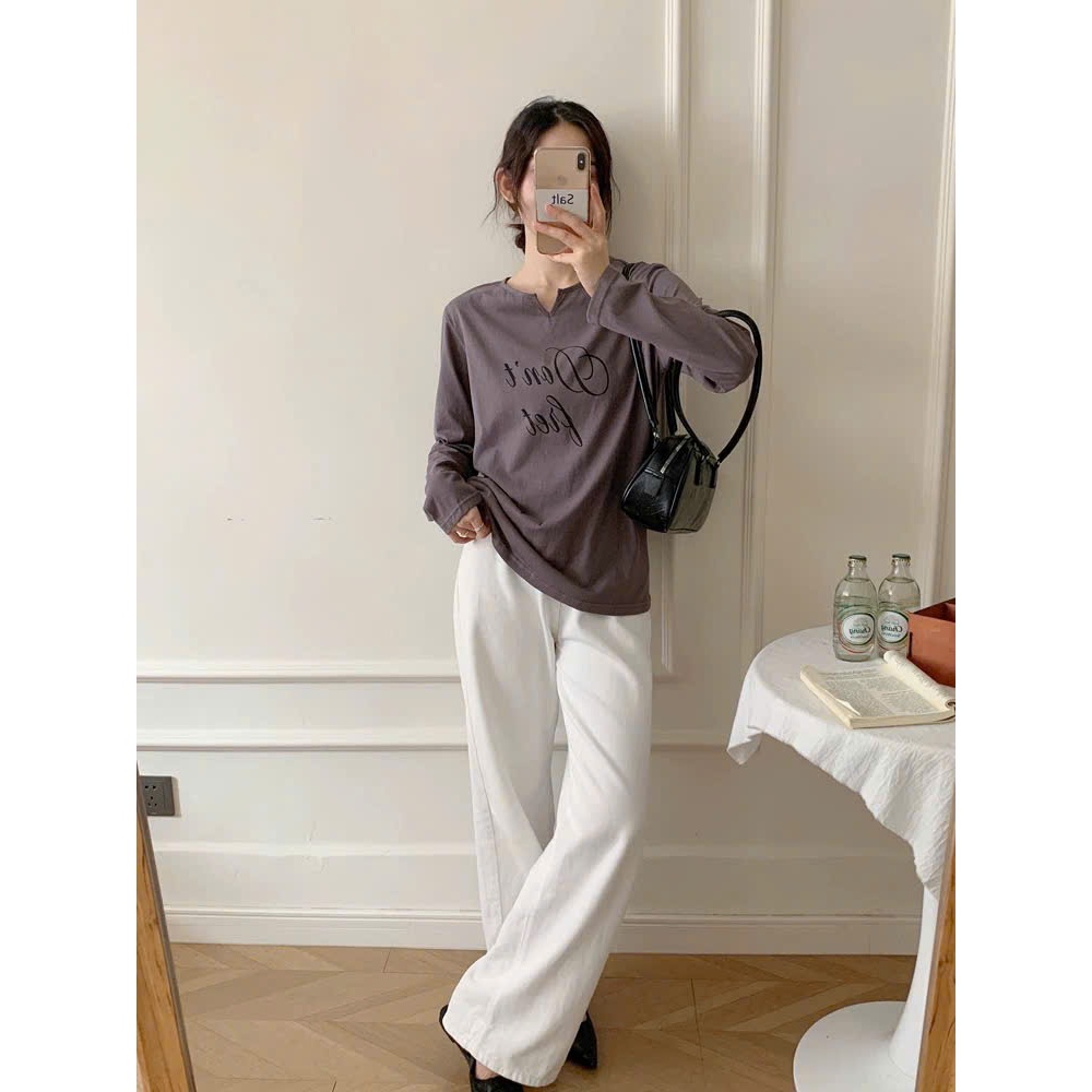 Áo thun nữ tay dài cổ V nhẹ JULY FASHION, Áo dài tay nữ cổ tròn khoét V Chất thun xượt mềm min, Phom rộng stype Hàn Quốc