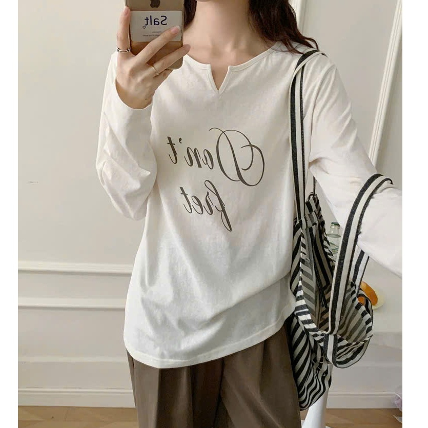 Áo thun nữ tay dài cổ V nhẹ JULY FASHION, Áo dài tay nữ cổ tròn khoét V Chất thun xượt mềm min, Phom rộng stype Hàn Quốc