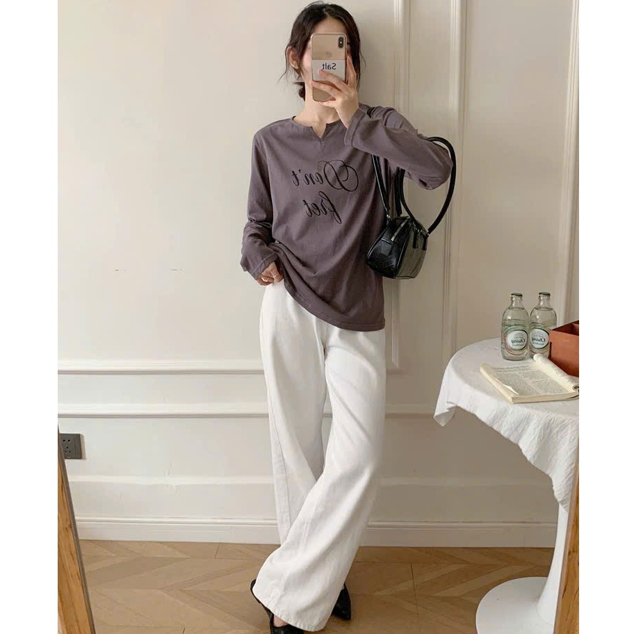 Áo thun nữ tay dài cổ V nhẹ JULY FASHION, Áo dài tay nữ cổ tròn khoét V Chất thun xượt mềm min, Phom rộng stype Hàn Quốc