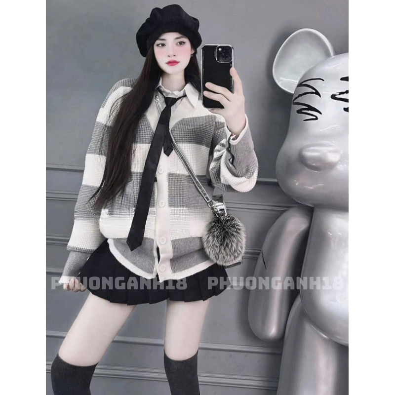 Áo Cardigan sọc xám hàng QC