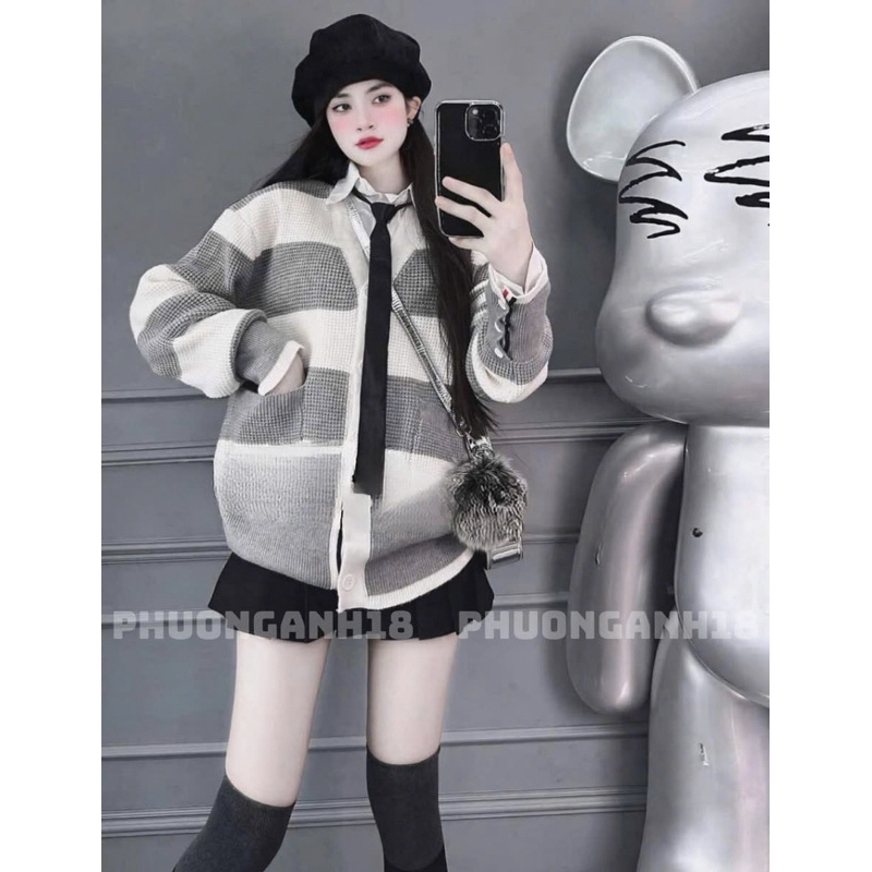Áo Cardigan sọc xám hàng QC