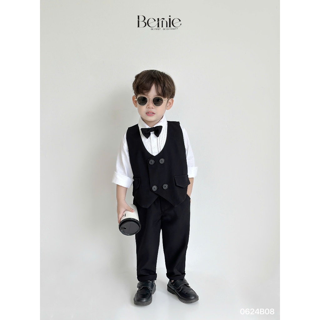 Bộ công tử bé trai áo gile phối sơ mi dài tay Bernie, set gile vest 4 chi tiết phong cách Hàn Quốc