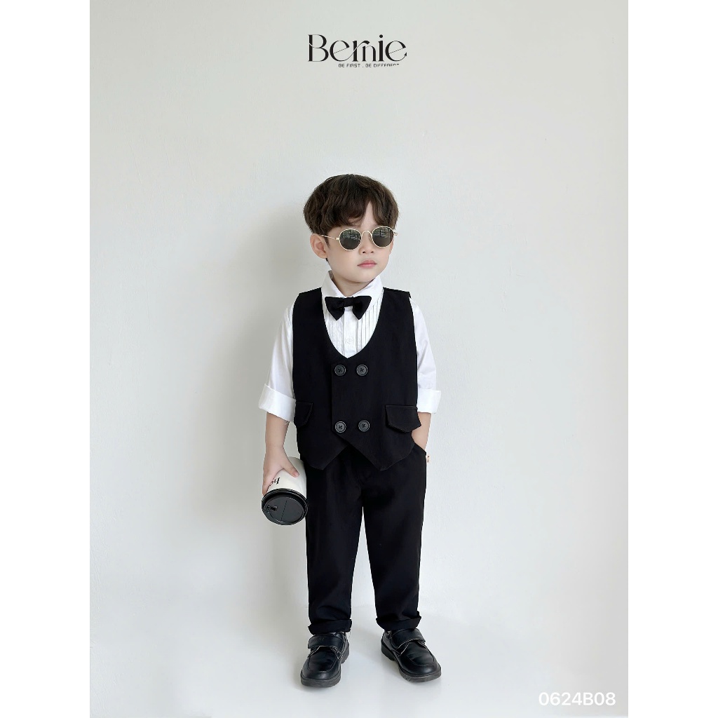 Bộ công tử bé trai áo gile phối sơ mi dài tay Bernie, set gile vest 4 chi tiết phong cách Hàn Quốc