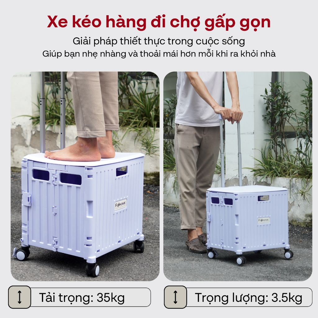 Xe kéo 4 bánh đi chợ siêu thị gấp gọn nhập khẩu Fujihome PT-45F, xe đẩy hàng hộp vali 65L xếp gọn đa năng