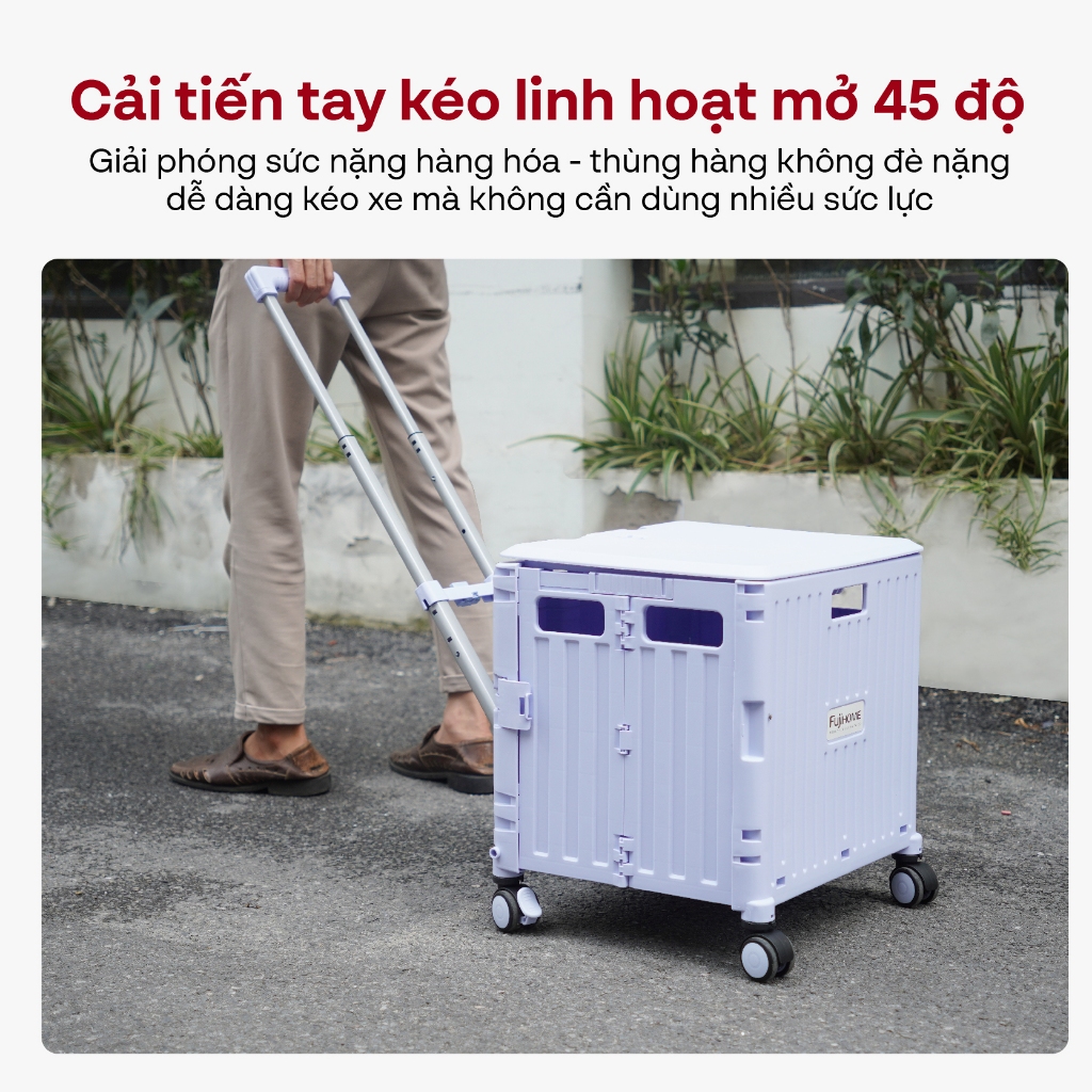 Xe kéo 4 bánh đi chợ siêu thị gấp gọn nhập khẩu Fujihome PT-45F, xe đẩy hàng hộp vali 65L xếp gọn đa năng