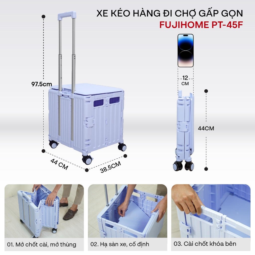Xe kéo 4 bánh đi chợ siêu thị gấp gọn nhập khẩu Fujihome PT-45F, xe đẩy hàng hộp vali 65L xếp gọn đa năng