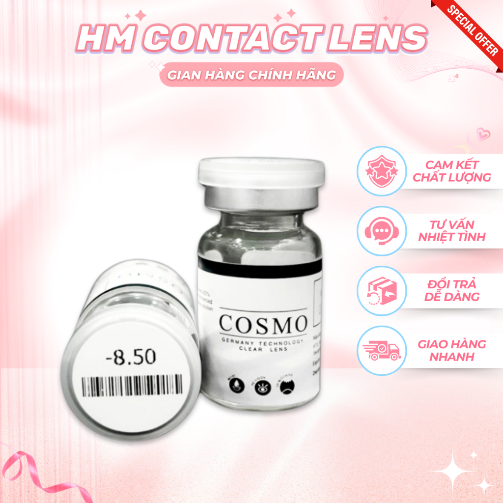 Lens cận trong suốt Cosmo 💥HÀNG CAO CẤP💥 Kính áp tròng không màu cho mắt nhạy cảm có độ cận 0-15 độ