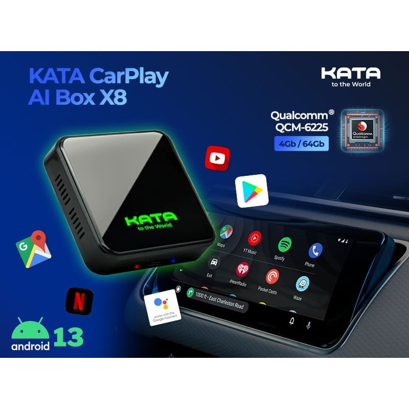Bộ Carplay Android AI Box KATA chính hãng dành cho ô tô, Chip Qualcomm 6225, hệ điều hành Android 13, kết nối linh hoạt
