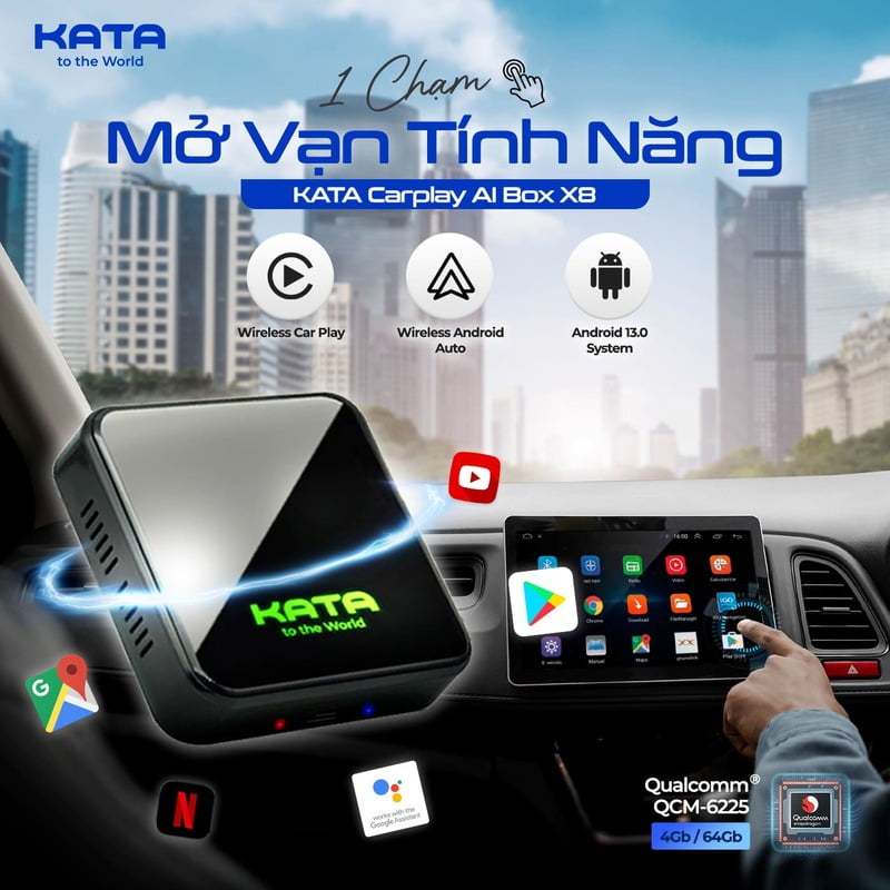 Bộ Carplay Android AI Box KATA chính hãng dành cho ô tô, Chip Qualcomm 6225, hệ điều hành Android 13, kết nối linh hoạt