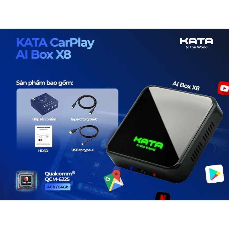 Bộ Carplay Android AI Box KATA chính hãng dành cho ô tô, Chip Qualcomm 6225, hệ điều hành Android 13, kết nối linh hoạt