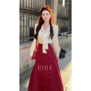 Set váy thời trang dạ hội áo vải lụa chấm bi tay dài phối chân váy chất tuyết mưa xinh xắn đáng yêu