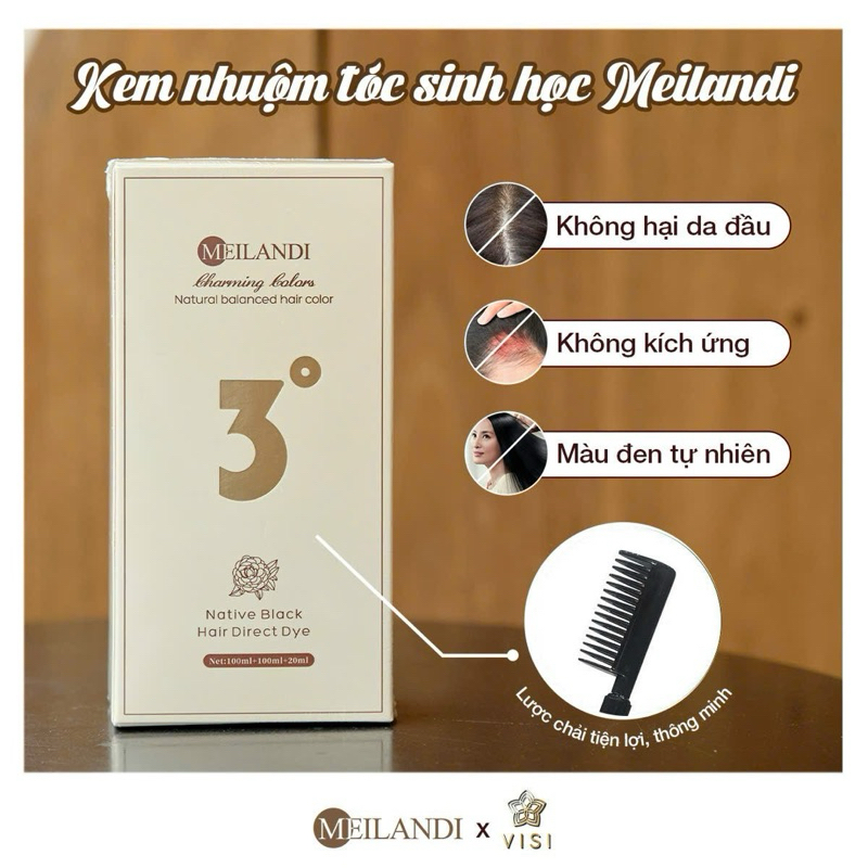 Kem nhuộm phủ sinh học Meilandi hoa trà Nhật Bản - Màu đen số 3 full set 100ml