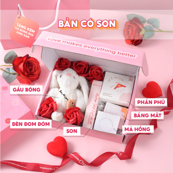 Hộp quà tặng trang điểm dành cho bạn gái kèm túi quà, gấu bông, hoa sáp và đèn Menow Bunny Box