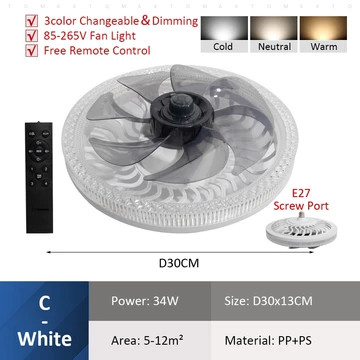 TOMAX Đèn quạt phòng ngủ E27 Đèn phòng khách Đèn đầu đèn đa năng 34W Đèn quạt trần LED ký túc xá Tắt tiếng Tiện lợi và
