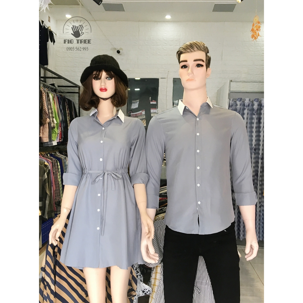 Set Sơ Mi Váy Đôi Fig Tree Màu Xám Phối Cổ Trắng Siêu Xinh