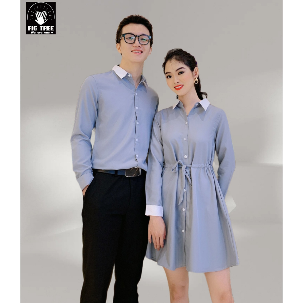 Set Sơ Mi Váy Đôi Fig Tree Màu Xám Phối Cổ Trắng Siêu Xinh