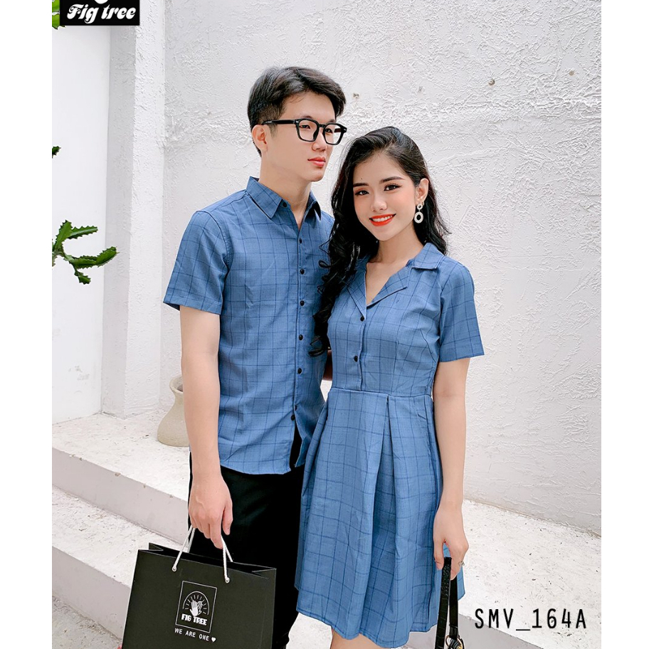 Set Sơ Mi Váy Đôi Fig Tree Caro Xanh Rêu Mã 164A Siêu Đẹp