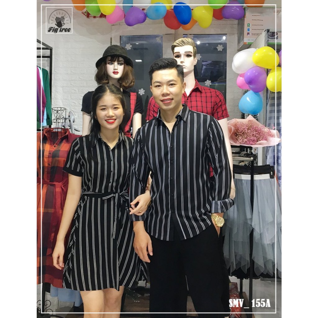 Set Sơ Mi Váy Đôi Fig Tree Sọc Đen Trắng Cho Couple (MS 155A)