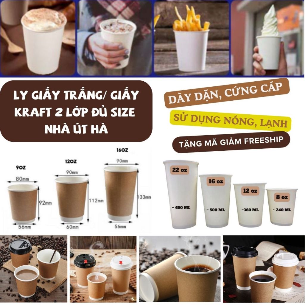 [Sỉ Hàng dày dặn] 50 cốc/ ly giấy trắng/kraft tráng pe đựng thức uống ...