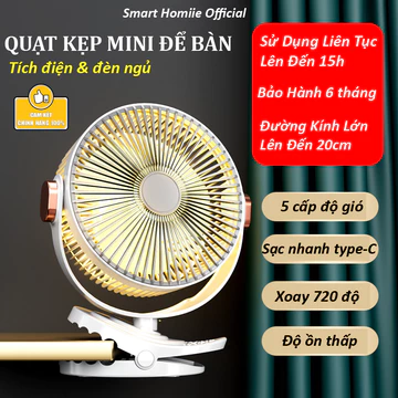 Quạt Tích Điện Mini, Quạt kẹp ,Quạt Mini Để Bàn Cao Cấp, Đường Kính Quạt 20cm, Có Giá Đỡ Điện Thoại, Sử Dụng Lên Đến 15h