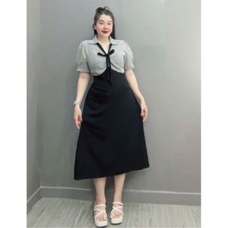 Đầm Đi Tiệc Bigsize Nữ Đầm Dáng Dài Cổ Sơ Mi Phối Dây Buộc Nơ Thanh Lịch Co Giãn G678