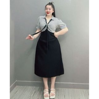 Đầm Đi Tiệc Bigsize Nữ Đầm Dáng Dài Cổ Sơ Mi Phối Dây Buộc Nơ Thanh Lịch Co Giãn G678
