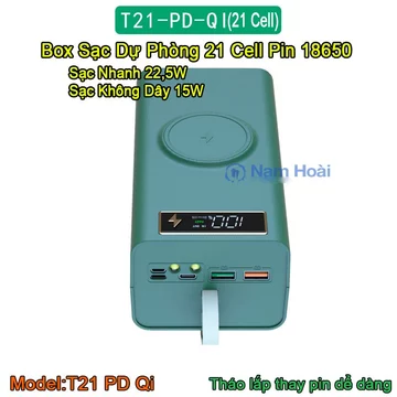 Box sạc dự phòng 21 cell pin 18650 T21 Sạc nhanh 22.5W và Sạc nhanh không dây 15W (Không gồm pin)