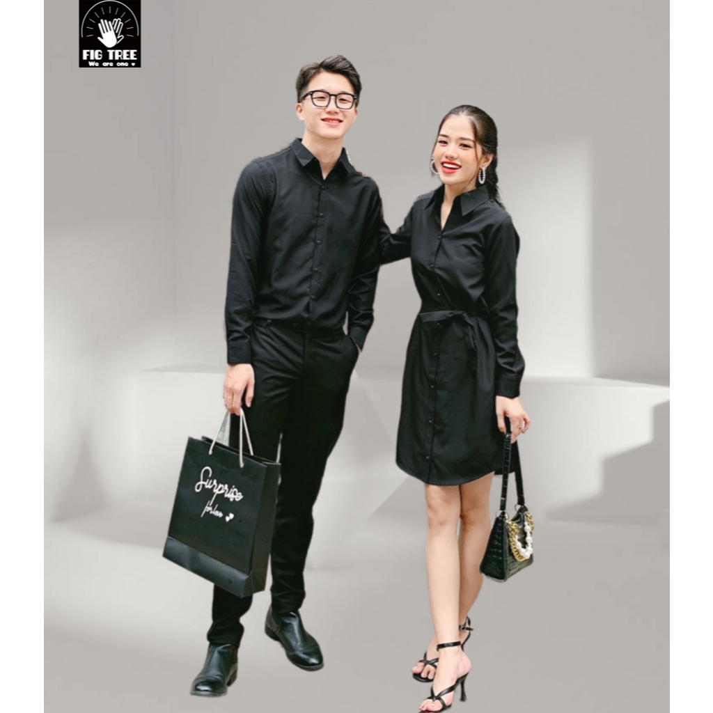 Áo Sơ Mi Váy Đôi Fig Tree Màu Đen Huyền Bí Cho couple ( có bigsize đến 110kg)