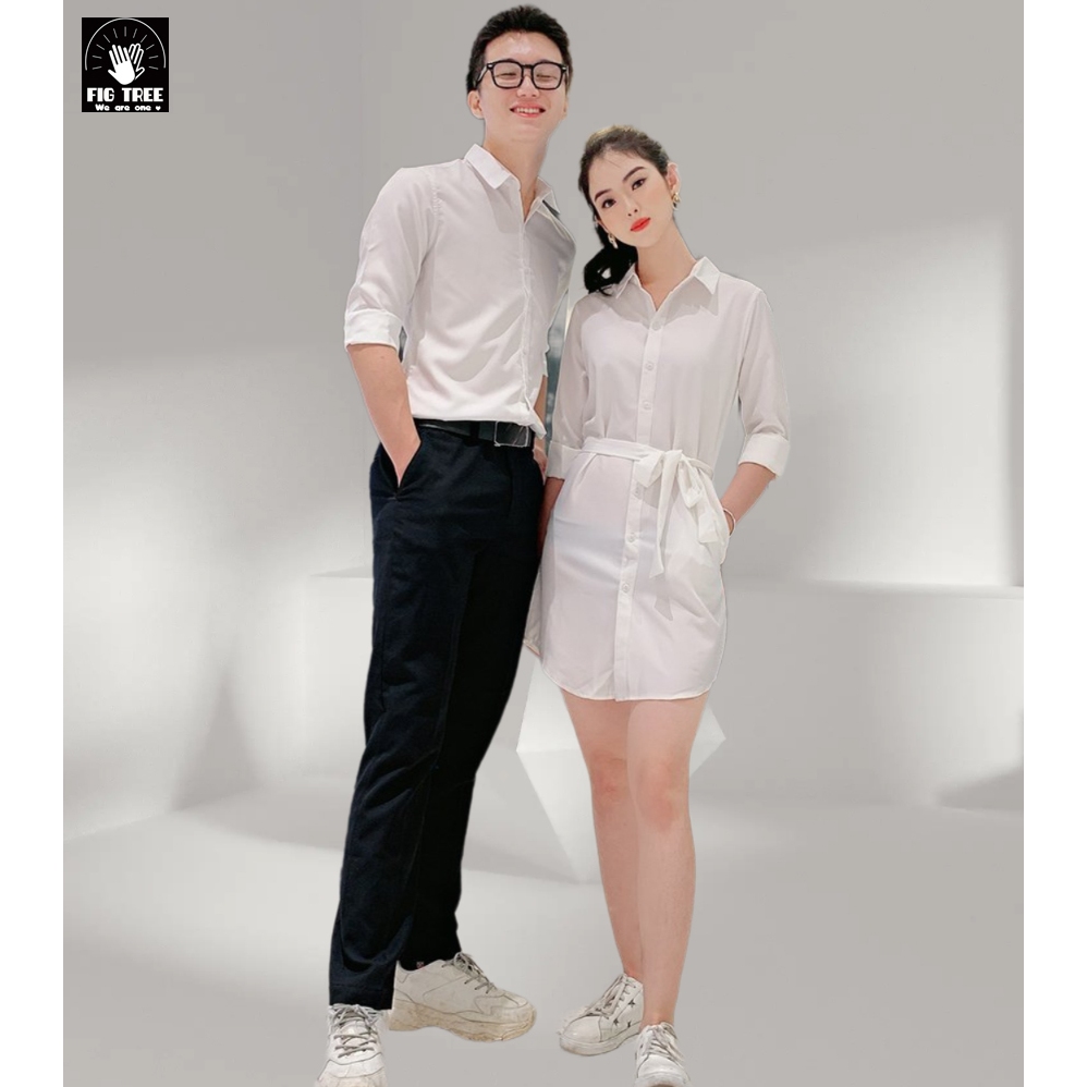 Áo Sơ Mi Váy Đôi Fig Tree Màu Trắng Tinh Khôi cho Couple ( có bigsize đến 1100kg)