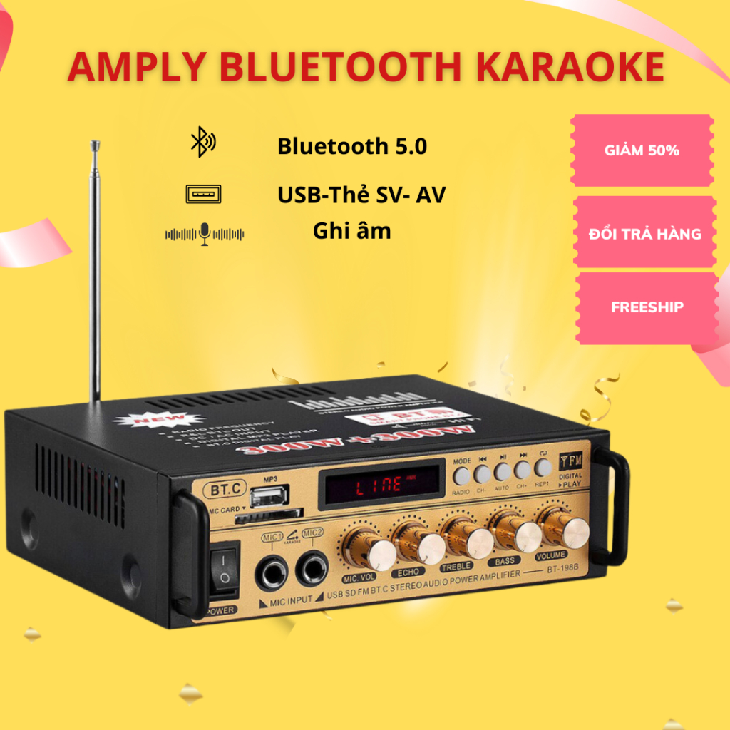 Amply mini Kaw BT 198B/Kal-800 - Hàng Chính Hãng, Hỗ Trợ Bluetooth 5.0, Đa Chức Năng, Điều Chỉnh Echo Treble B