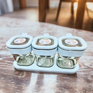 Bộ hũ gia vị vuông Hiwa 2 khay, nắp đậy kín, kèm muỗng