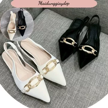Sandal Nữ Mũi Nhọn Hoạ Tiết Khoá Xích Chất Tuyết Nhung Cao Cấp Giày Sục Búp Bê Bệt Quai Hậu Giày búp bê slingback