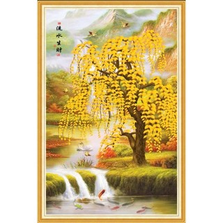 Tranh cây kim tiên dán tường, tranh thần tài di lặc, tranh in trên chất liệu vải lụa (shop tặng kèm keo dán)
