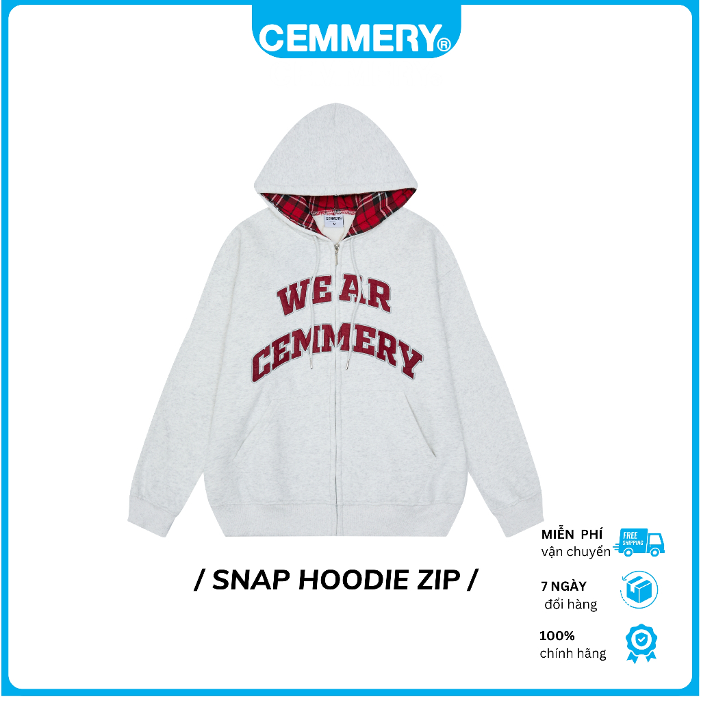 Hoodie CEMMERY Local Brand Chính Hãng Snap Hoodie Zip Màu Nỉ Bông Phối Nón Caro Màu Grey