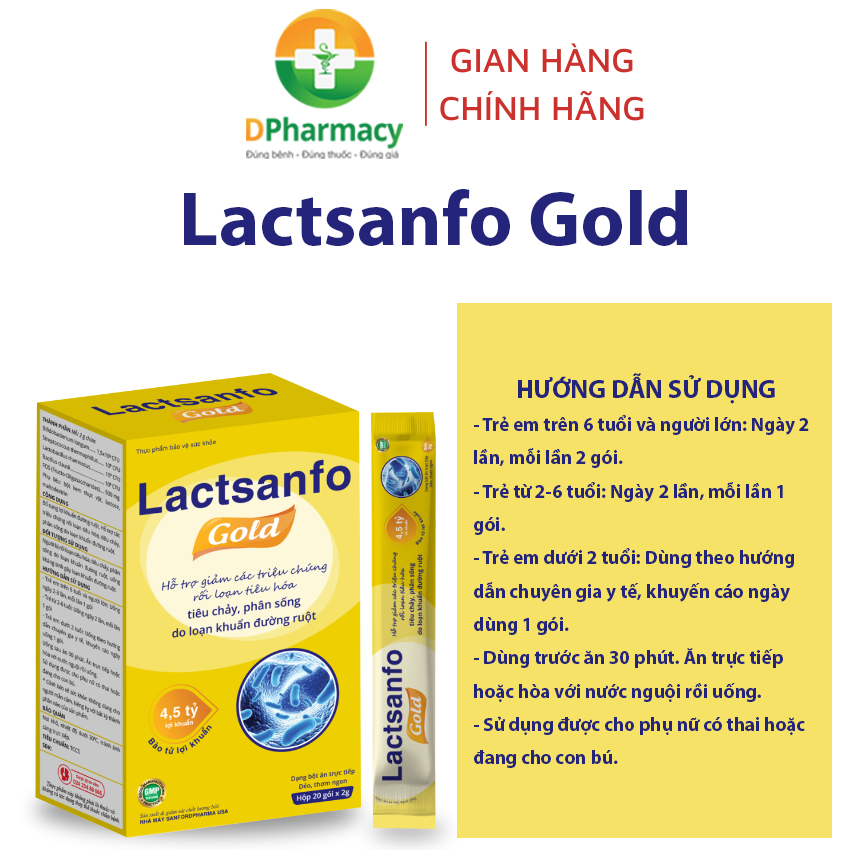 Men vi sinh Lactsanfo Gold, hỗ trợ giảm tình trạng tiêu chảy, phân sống, hộp 20 gói
