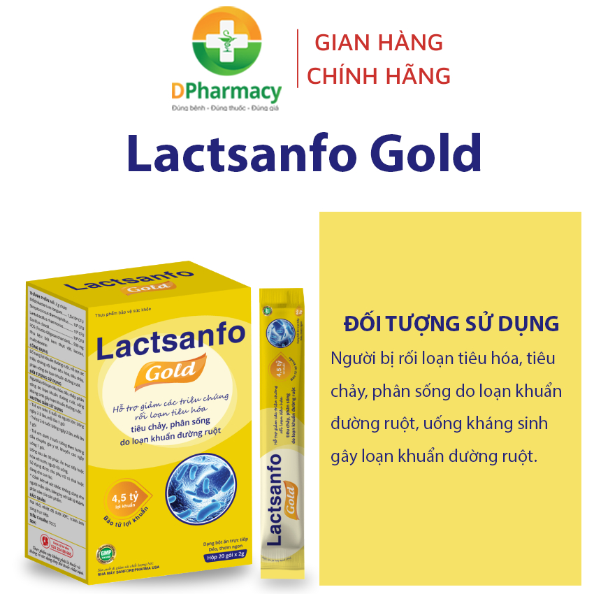 Men vi sinh Lactsanfo Gold, hỗ trợ giảm tình trạng tiêu chảy, phân sống, hộp 20 gói