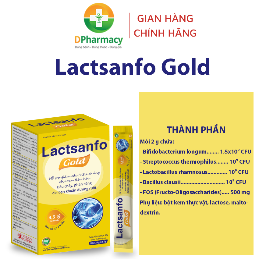 Men vi sinh Lactsanfo Gold, hỗ trợ giảm tình trạng tiêu chảy, phân sống, hộp 20 gói