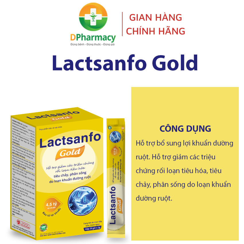 Men vi sinh Lactsanfo Gold, hỗ trợ giảm tình trạng tiêu chảy, phân sống, hộp 20 gói