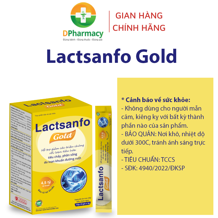 Men vi sinh Lactsanfo Gold, hỗ trợ giảm tình trạng tiêu chảy, phân sống, hộp 20 gói