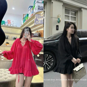 Váy Tơ Babydoll Tay Dài Hàng 2 Lớp Cổ V Form Xoè 3 Màu Siêu Xinh (lót lụa, tay khuy ngọc)