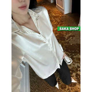Áo sơ mi lụa nữ tay dài from rộng vải dày mịn mát không nhăn