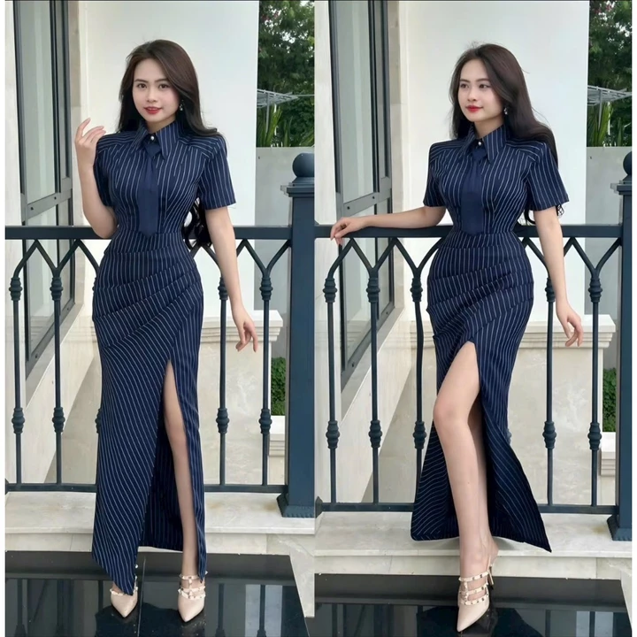 Váy sọc kẻ xếp ly cổ sơ mi siêu tôn dáng Đầm thiết kế cổ sơ mi dự tiệc đi chơi PB014