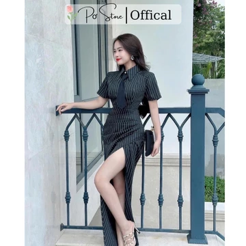 Váy sọc kẻ xếp ly cổ sơ mi siêu tôn dáng Đầm thiết kế cổ sơ mi dự tiệc đi chơi PB014