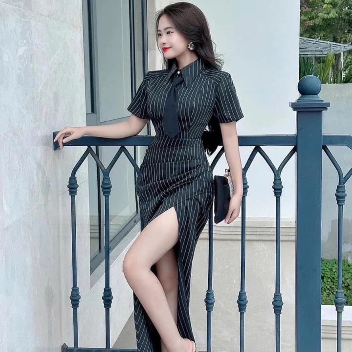 Váy sọc kẻ xếp ly cổ sơ mi siêu tôn dáng Đầm thiết kế cổ sơ mi dự tiệc đi chơi PB014