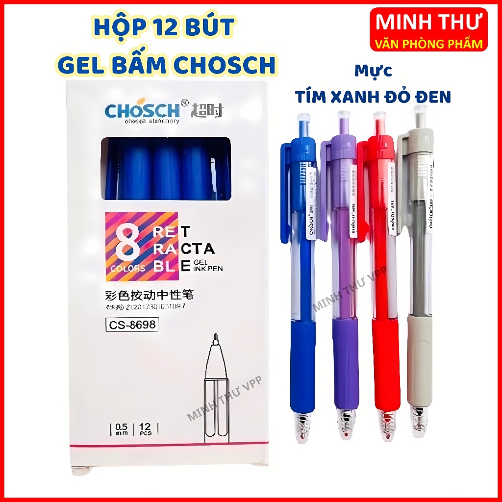 Hộp 12 Cây Viết Gel Nước Bấm Chosch 8698 Ngòi 0.5mm Có Đệm Tay, Viết Êm ...
