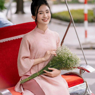 Áo dài nữ cách tân dáng suông Saam  cửu nguyệt tay lỡ 2 lớp 4 tà màu hồng dâu, xanh cốmTết 2026