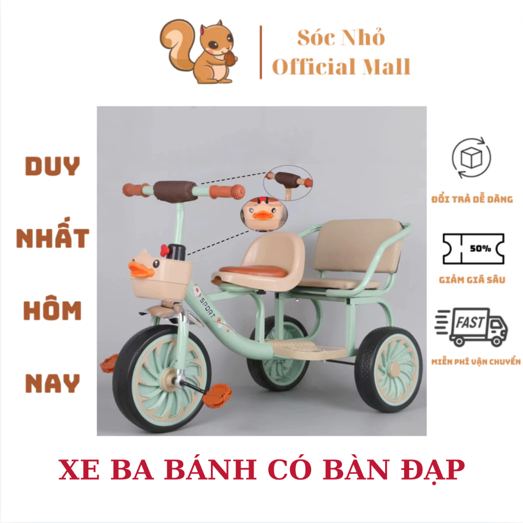 Xe đạp ba bánh cho bé, Xe đạp Xích lô 2 ghế ngồi, xe ba bánh chòi chân cho bé từ 1 đến 6 tuổi