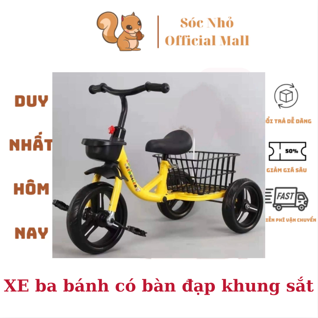 Xe đạp ba bánh 601 có cờ cho bé 2-4 tuổi khung thép, yên lót da tặng giỏ đồ chơi cho bé xe 3 bánh mới