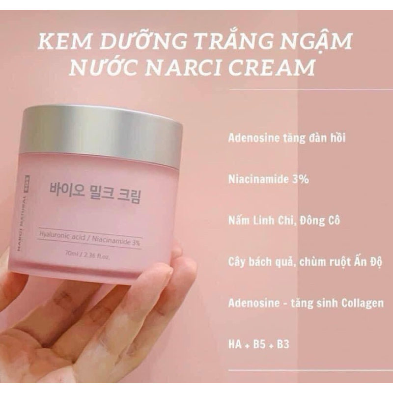 Kem dưỡng Narci Natural bio milk cream 70ml - hạn 2027 Hàn Quốc kem narci  IS53