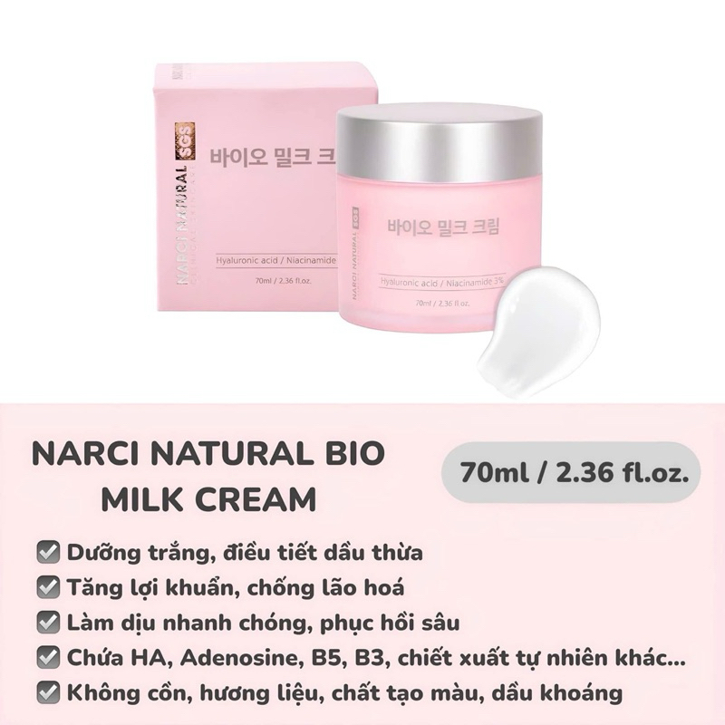 Kem dưỡng Narci Natural bio milk cream 70ml - hạn 2027 Hàn Quốc kem narci  IS53